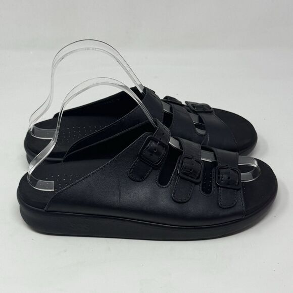 SAS Relaxed Slide Sandals Womens 9 M Black Leather 3 Strap Comfort Casual - Picture 1 of 16